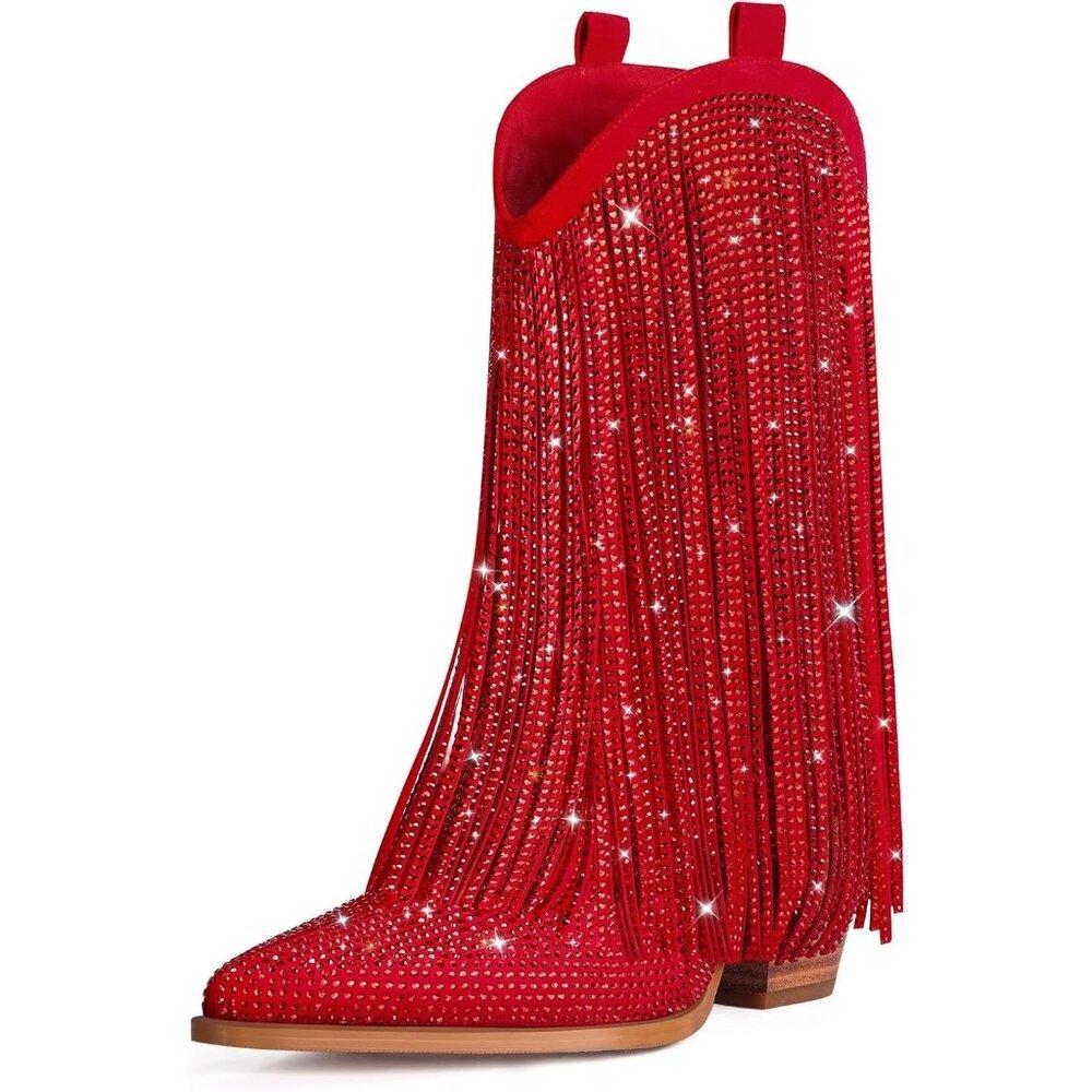 Women's Red Cowgirl Rhinestone Boots With Sparkly Fringe Pointed Toe Wide Calf